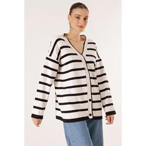 By Saygı Transverse Striped Cardigan with Yellow Buttons on the Front