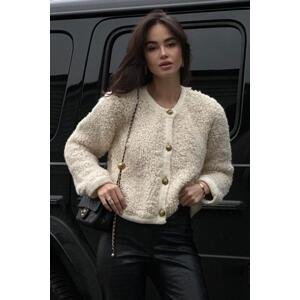 Madmext Beige Buttoned Boucle Knitwear Cardigan