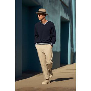 Trendyol Navy Blue Men's Basic Oversize/Wide Cut V-Neck Fleece Inside Thick Striped Knitwear Banded Sweatshirt