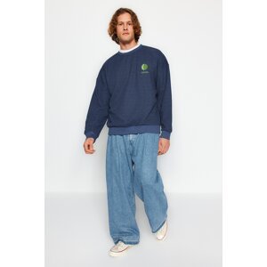 Trendyol Indigo Men's More Sustainable Oversize/Wide Cut Crew Neck Long Sleeve Embroidery Detailed Sweatshirt