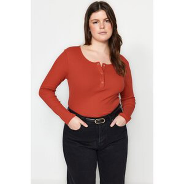 Trendyol Curve Red U Neck Snap Detailed Knitted Crop Blouse