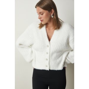 Happiness İstanbul Women's White Pearl Button Detailed Bearded Knitwear Cardigan