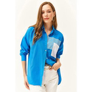 Olalook Women's Saks Blue Pocket Detailed Oversize Woven Shirt
