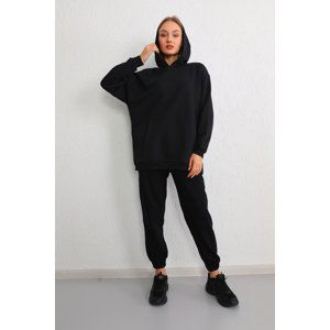 BİKELİFE Women's Black Hooded Three Thread Oversize Ribbed Tracksuit Set