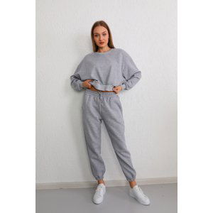 BİKELİFE Women's Gray Three Thread Rose Gold Oversize Crop Tracksuit Set