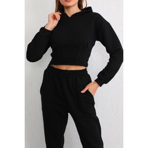 BİKELİFE Women's Black Rose Gold Three Thread Corset Detail Crop Sweat Tracksuit Set