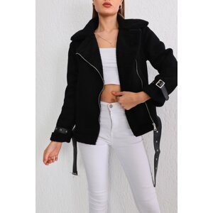 BİKELİFE Women's Black Suede Coat with Cuff Detail and Fur Inside Belt