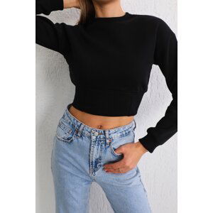 BİKELİFE Women's Black Waist Band Detailed Thick Inside Fleece Knitted Sweatshirt Crop