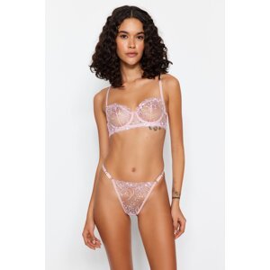 Trendyol Pink Embroidered Lace Uncovered Underwire Thong Underwear Set