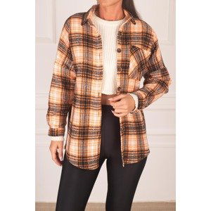 armonika Women's Orange Plaid Pattern Oversize Pocket Shirt