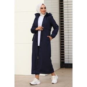 InStyle Women's Navy Blue Long Coat with Reverse Pocket Cover 2204