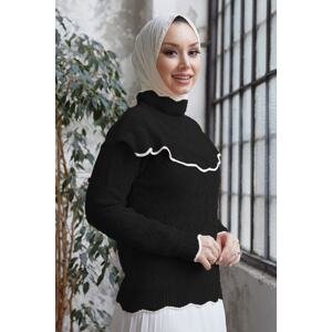 InStyle Alvi Ruffle Detail Striped Knitwear Sweater - Black
