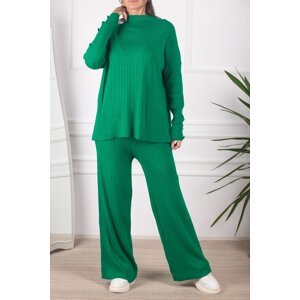 armonika Women's Green Thick Ribbed High Neck Sleeve Buttoned Knitwear Suit
