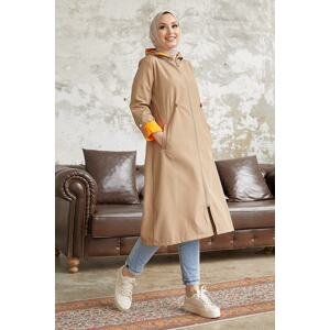 InStyle Neon Trench with Drawstring Waist Hooded - Beige \ Orange