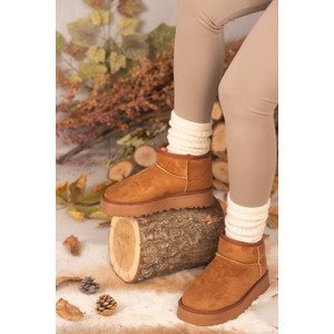 armonika WOMEN'S TAN SHORT SUEDE FEATHERED THICK HALF BOOTS&BOOTIES