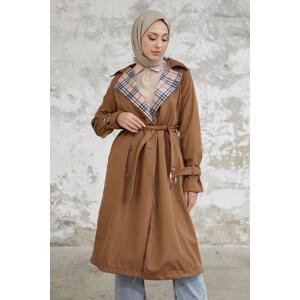 InStyle Eleta Double Breasted Collar Plaid Trench Coat - Tan