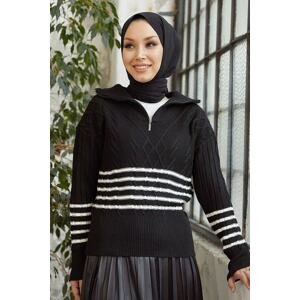 InStyle Sova Turtleneck Zipper Striped Knitwear Sweater - Black
