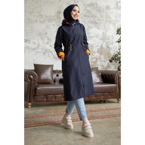 InStyle Neon Trench with Drawstring Waist Hooded - Navy Blue \ Orange