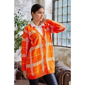 InStyle Meri Plaid Patterned Knitwear Patterned Cardigan - Orange