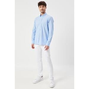 AC&Co / Altınyıldız Classics Men's Blue Slim Fit Slim Fit Oxford Buttoned Collar Linen Look 100% Cotton Flamed Shirt