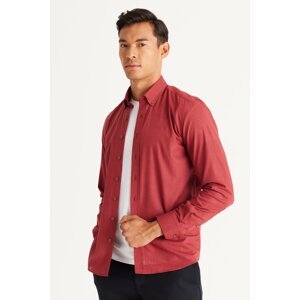 AC&Co / Altınyıldız Classics Men's Burgundy Tailored Slim Fit Narrow Cut Button Collar Linen Look 100% Cotton Flared Shirt