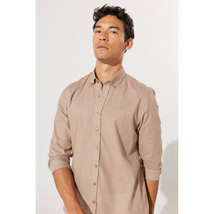 AC&Co / Altınyıldız Classics Men's Mink Tailored Slim Fit Narrow Cut Button Collar Linen Look 100% Cotton Flared Shirt
