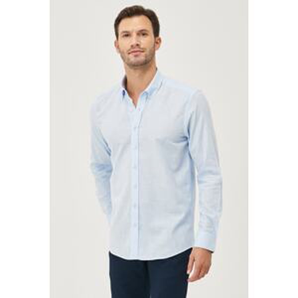 AC&Co / Altınyıldız Classics Men's Light Blue Tailored Slim Fit Button-Up Collar Linen Look 100% Cotton Flared Shirt