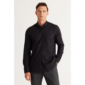 AC&Co / Altınyıldız Classics Men's Black Tailored Slim Fit Narrow Cut Button Collar Linen Look 100% Cotton Flared Shirt