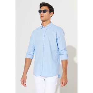 AC&Co / Altınyıldız Classics Men's Blue Slim Fit Slim-fit, Buttoned Collar Linen-Looking 100% Cotton Flared Shirt.