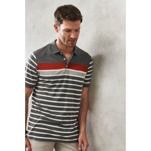 ALTINYILDIZ CLASSICS Men's Grey-white Comfort Fit Relaxed Fit Polo Neck Striped Casual T-Shirt