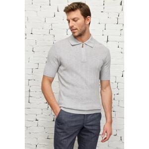 ALTINYILDIZ CLASSICS Men's Gray Standard Fit Regular Cut Polo Neck 100% Cotton Short Sleeve Jacquard Knitwear T-Shirt
