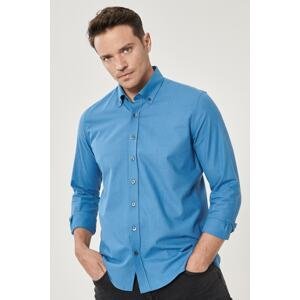 AC&Co / Altınyıldız Classics Men's Petrol Tailored Slim Fit Button-Up Collar Linen Look 100% Cotton Flared Shirt