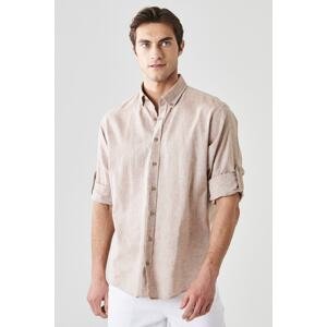 AC&Co / Altınyıldız Classics Men's Camel Comfort Fit Relaxed Cut Linen Buttoned Collar Casual Shirt