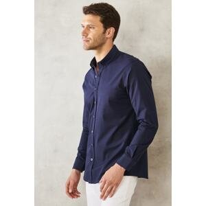 AC&Co / Altınyıldız Classics Men's Navy Blue Slim Fit Slim Fit Buttoned Collar 100% Cotton Plain Casual Shirt