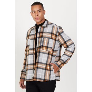 AC&Co / Altınyıldız Classics Men's Brick Gray Oversize Loose Cut Button Collar Pocket Plaid Patterned Lumberjack Winter Shirt Jacket