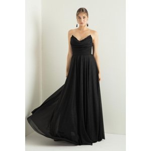 Lafaba Women's Black Chest Draped Slit Flared Glitter Evening Dress