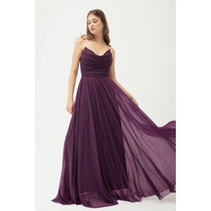 Lafaba Women's Plum Chest Draped Slit Flared Glitter Evening Dress