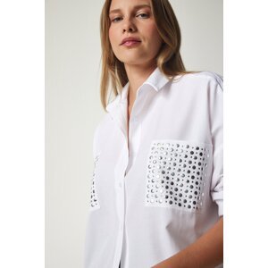 Happiness İstanbul Women's White Metal Pocket Detailed Oversize Woven Shirt