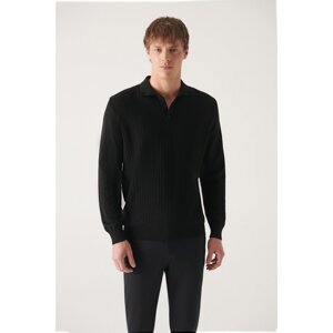 Avva Men's Black Polo Neck Herringbone Patterned Cotton Standard Fit Normal Cut Knitwear Sweater