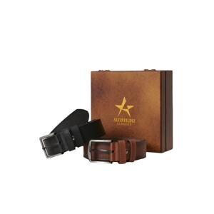 ALTINYILDIZ CLASSICS Men's Black-Brown Special Wooden Gift Boxed Set of 2 Denim Belts Groom's Pack