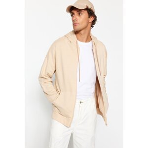 Trendyol Stone Men's Basic Oversize/Wide Cut Zippered Hooded Thick Sweatshirt-Cardigan