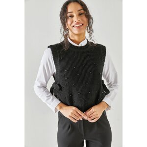 Olalook Women's Black Side Tie Pearl Garnish Knitwear Sweater
