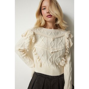 Happiness İstanbul Women's Cream Guipure Patterned Textured Knitwear Sweater