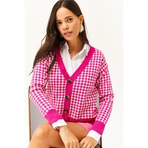 Olalook Women's Fuchsia Houndstooth Buttoned Knitwear Cardigan