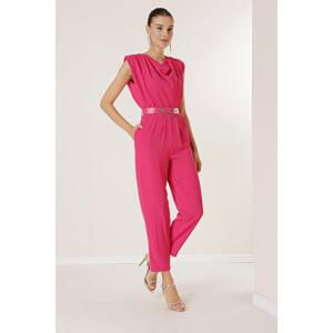 By Saygı Off-the-shoulder Collar, Belted Waist, Padded Shoulders and Pocket Jumpsuit