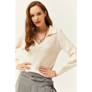 Olalook Women's White Polo Neck Tiny Pompom Soft Textured Knitwear Sweater