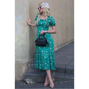 Madmext Green Floral Pattern Balloon Sleeve Midi Dress