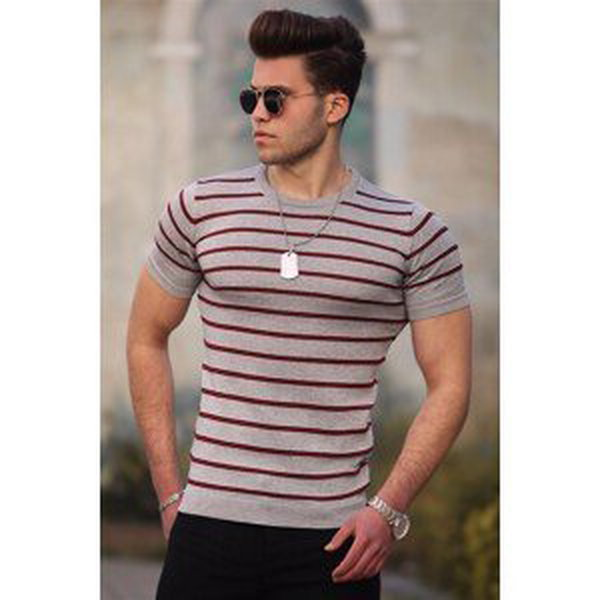Madmext Men's Striped Gray Knitwear T-Shirt 4600