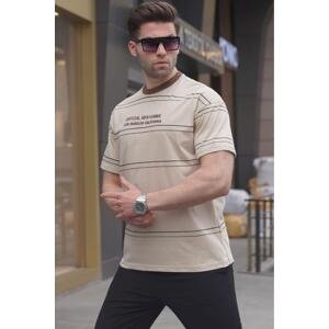 Madmext Crew Neck Beige Striped Comfort Fit Men's T-Shirt 6063
