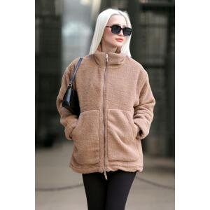 Madmext Beige High Collar Pocketed Plush Coat